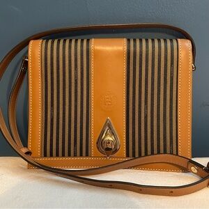 Vintage Fendi Pequin Stripe Flap Crossbody/ Shoulder Bag Purse tan black EUC
